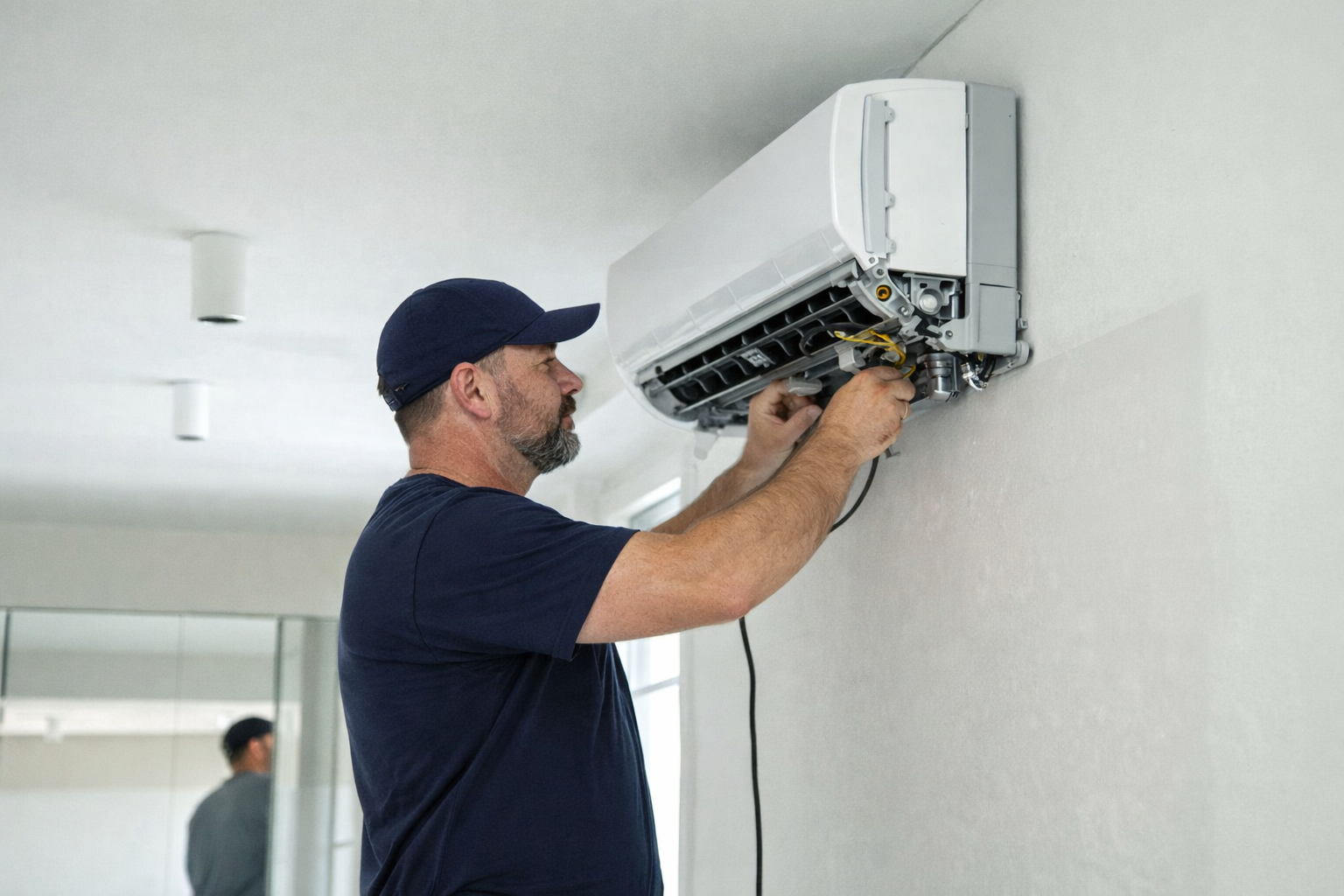 HVAC technician installing a ductless mini split system in Knoxville, Tennessee