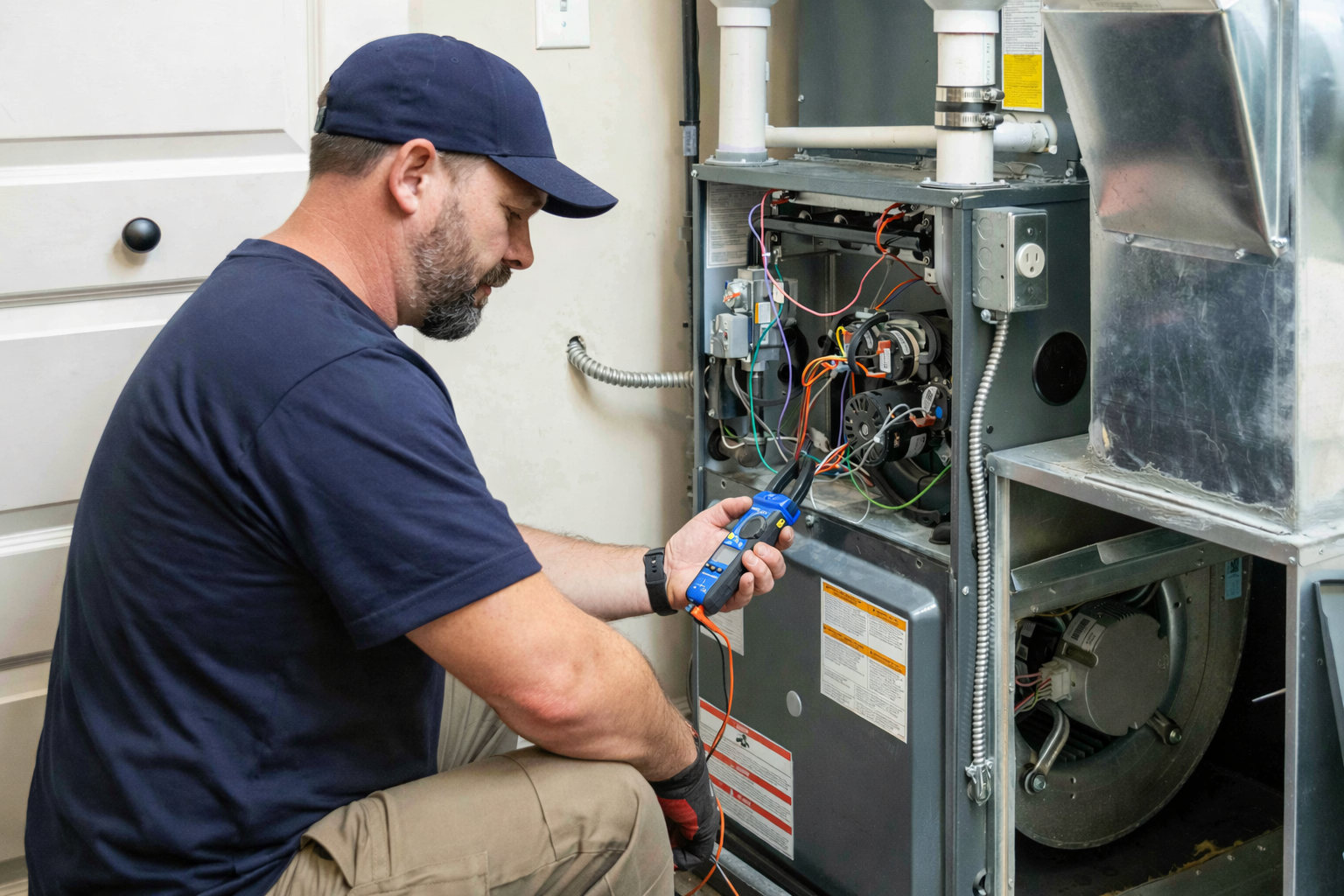 HVAC technician diagnosing a home furnace in Knoxville, Tennessee