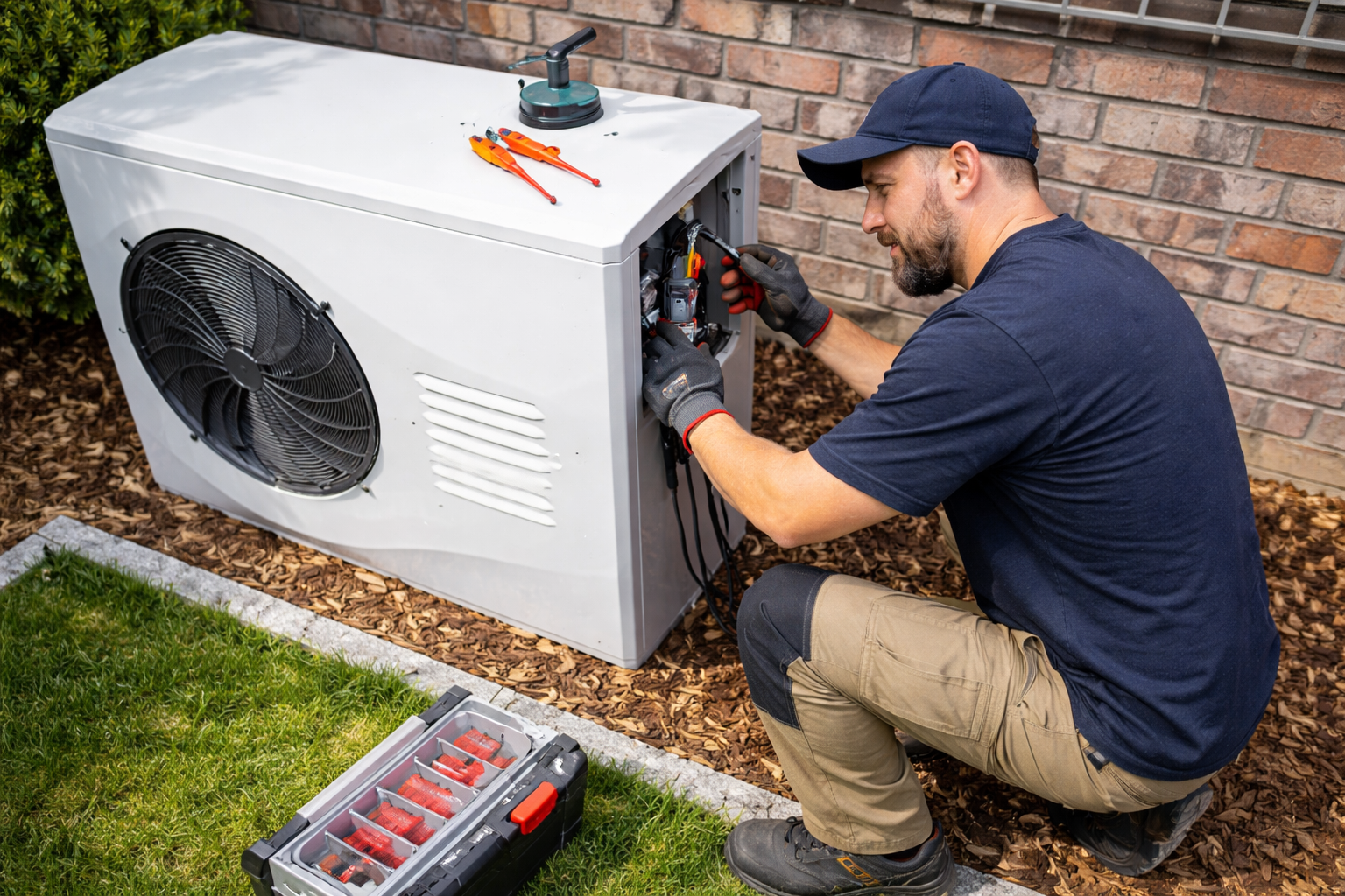 HVAC technician diagnosing a heat pump system in Knoxville, Tennessee